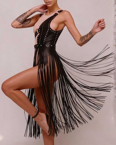 Women Faux Leather Body Harness with Fringe Skirt, Adjustable Studded Waist Harness Belt with Alloy Hardware, Punk Gothic Festival Outfit Accessory for Party, Stage, Cosplay(Waist 27.6-38.6in) in Saudi Arabia