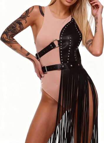 Women Faux Leather Body Harness with Fringe Skirt, Adjustable Studded Waist Harness Belt with Alloy Hardware, Punk Gothic Festival Outfit Accessory for Party, Stage, Cosplay(Waist 27.6-38.6in) in Saudi Arabia