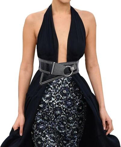 Women's Fashion Vintage Wide Waist Belt Elastic Stretch Cinch Belts With Interlock Buckle, Black, One Size in Saudi Arabia