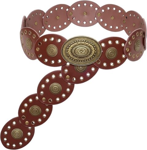 Boho Western Cowboy Disc Belt for Women Vintage Brown Leather Wide Waist Belt with Embossed Metal Discs for Country Outfits in Saudi Arabia