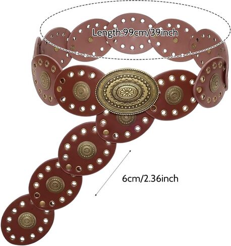 Boho Western Cowboy Disc Belt for Women Vintage Brown Leather Wide Waist Belt with Embossed Metal Discs for Country Outfits in Saudi Arabia