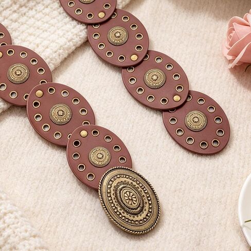 Boho Western Cowboy Disc Belt for Women Vintage Brown Leather Wide Waist Belt with Embossed Metal Discs for Country Outfits in Saudi Arabia