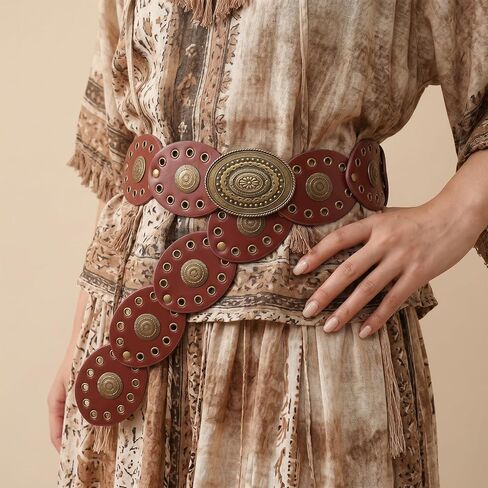 Boho Western Cowboy Disc Belt for Women Vintage Brown Leather Wide Waist Belt with Embossed Metal Discs for Country Outfits in Saudi Arabia