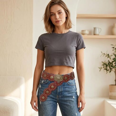 Boho Western Cowboy Disc Belt for Women Vintage Brown Leather Wide Waist Belt with Embossed Metal Discs for Country Outfits in Saudi Arabia
