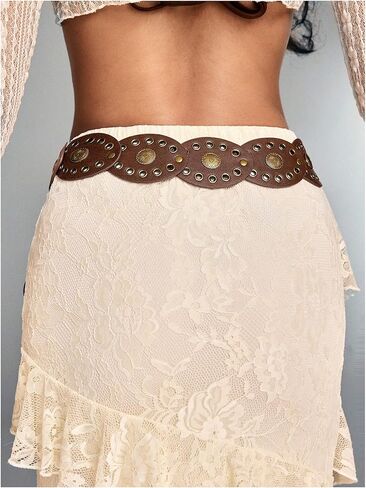 Verdusa Women's Grommet Eyelet Wide Belt PU Leather Vintage Western Cowgirl Waist Belts in Kuwait