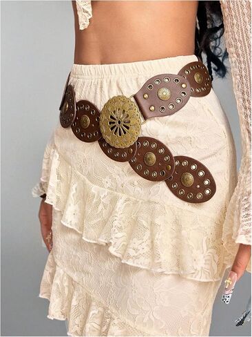 Verdusa Women's Grommet Eyelet Wide Belt PU Leather Vintage Western Cowgirl Waist Belts in Kuwait