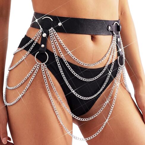 BODIY Leather Waist Chain Belt Black Layered Waist Belt Plus Size Gothic Chain Belts Rave Body Chains for Women in Kuwait