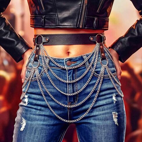 BODIY Leather Waist Chain Belt Black Layered Waist Belt Plus Size Gothic Chain Belts Rave Body Chains for Women in Kuwait