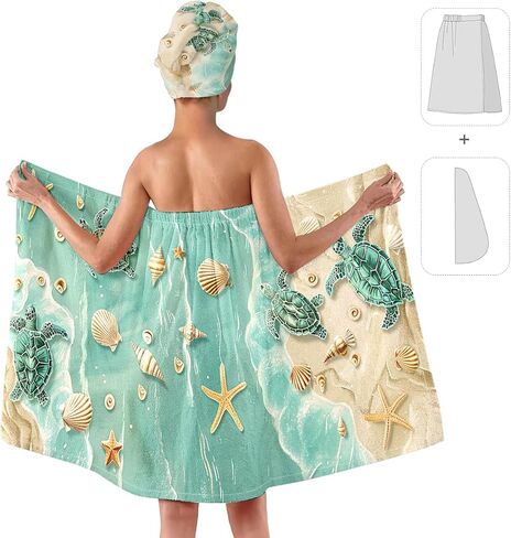 Sea Turtle Bath Wrap Set with Hair Turban, Absorbent Microfiber Spa Towel Wrap, Seashell and Starfish Design Towel Robe for Women in Kuwait