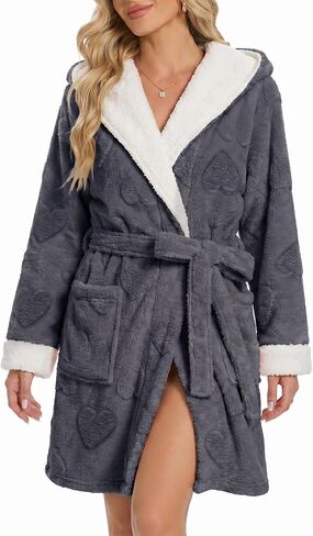 LYCY Womens Hooded Fuzzy Robe, Short Plush Heart Jacquard Bathrobe, Cozy Fleece Robe with Pockets in Saudi Arabia