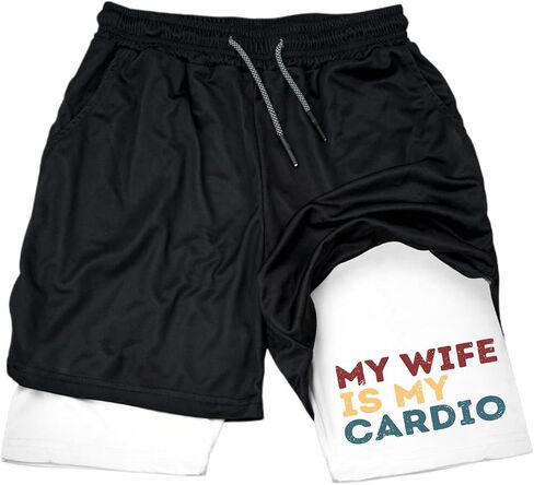شورت جري رجالي 2 في 1 من IRON PANDA مع بطانة، سريع الجفاف للتدريب في صالة الألعاب الرياضية وجيب رياضي - My Wife is My Cardio in Kuwait