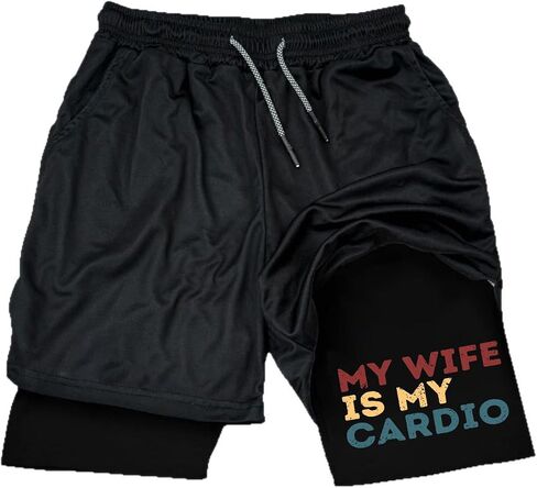 شورت جري رجالي 2 في 1 من IRON PANDA مع بطانة، سريع الجفاف للتدريب في صالة الألعاب الرياضية وجيب رياضي - My Wife is My Cardio in Kuwait