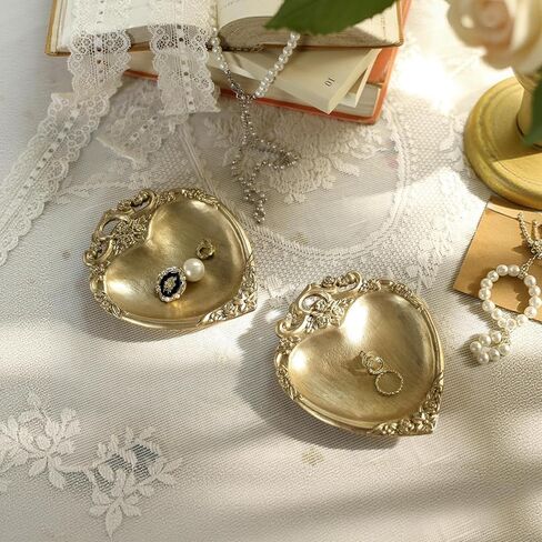 NIKKY HOME Gold Ring Holder Jewelry Dish Set of 2, Heart Shaped Vintage Elegant Trinket Display Decorative Metal Tray Plate Classy Birthday Gifts in Kuwait