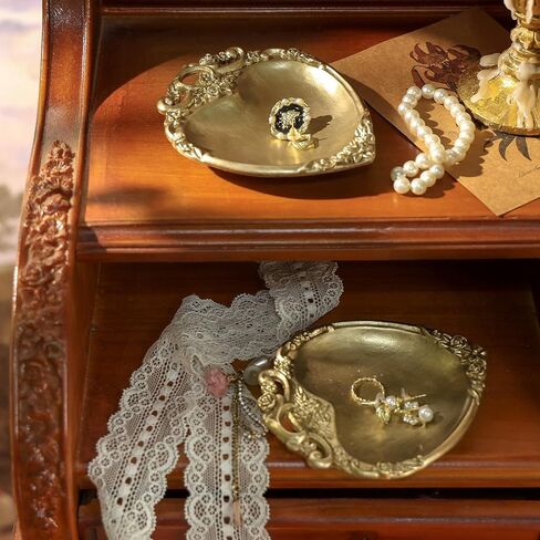 NIKKY HOME Gold Ring Holder Jewelry Dish Set of 2, Heart Shaped Vintage Elegant Trinket Display Decorative Metal Tray Plate Classy Birthday Gifts in Kuwait