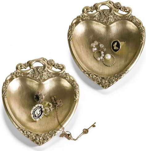 NIKKY HOME Gold Ring Holder Jewelry Dish Set of 2, Heart Shaped Vintage Elegant Trinket Display Decorative Metal Tray Plate Classy Birthday Gifts in Kuwait