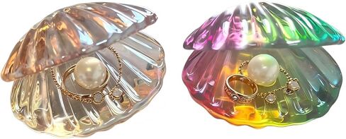 2Pcs Colorful Crystal Seashell with Pearl Figurine Set Glass Ring & Earring Holder Bedside Trinket Storage Decor Gift Ornaments for Wedding Table in Saudi Arabia
