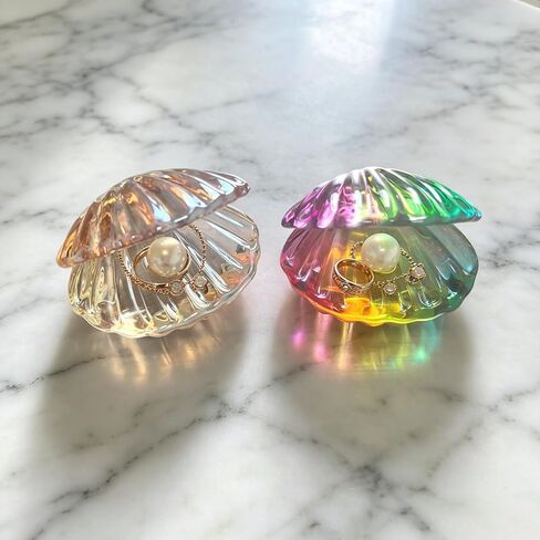 2Pcs Colorful Crystal Seashell with Pearl Figurine Set Glass Ring & Earring Holder Bedside Trinket Storage Decor Gift Ornaments for Wedding Table in Saudi Arabia