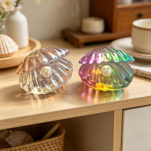 2Pcs Colorful Crystal Seashell with Pearl Figurine Set Glass Ring & Earring Holder Bedside Trinket Storage Decor Gift Ornaments for Wedding Table in Saudi Arabia
