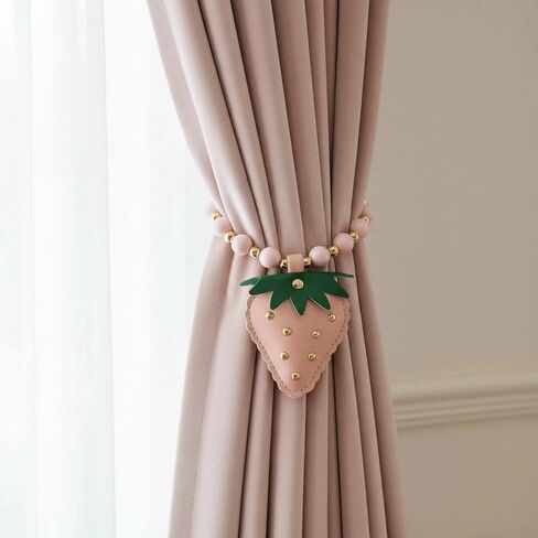 2 Pcs Curtain Tiebacks, Pink Beaded Drapery Holdbacks with Cute Strawberry Decor, Sweet Curtain Ties for Bedroom Living Room Drapes Window Treatment Accessories in Saudi Arabia