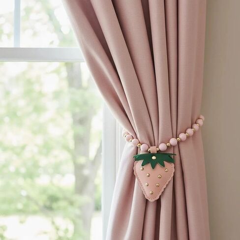 2 Pcs Curtain Tiebacks, Pink Beaded Drapery Holdbacks with Cute Strawberry Decor, Sweet Curtain Ties for Bedroom Living Room Drapes Window Treatment Accessories in Saudi Arabia