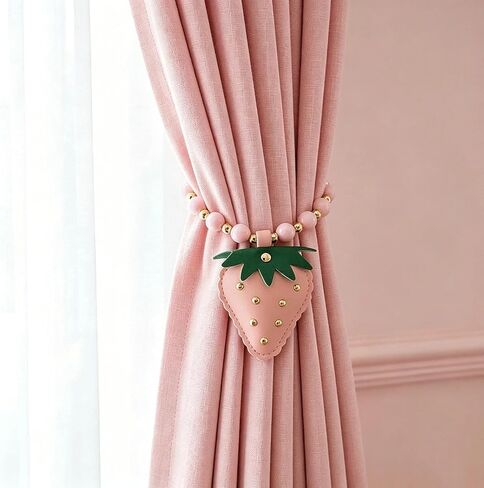 2 Pcs Curtain Tiebacks, Pink Beaded Drapery Holdbacks with Cute Strawberry Decor, Sweet Curtain Ties for Bedroom Living Room Drapes Window Treatment Accessories in Saudi Arabia