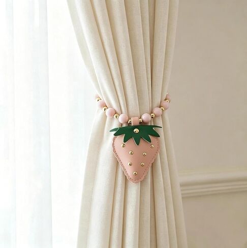 2 Pcs Curtain Tiebacks, Pink Beaded Drapery Holdbacks with Cute Strawberry Decor, Sweet Curtain Ties for Bedroom Living Room Drapes Window Treatment Accessories in Saudi Arabia