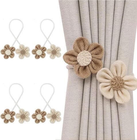 4 Pack Flower Curtain Tiebacks, Boho Decorative Curtain Ties, Elegant Burlap Holdbacks for Bedroom, Nursery, Farmhouse Decor,Tie Backs for Bedroom Decor in Saudi Arabia