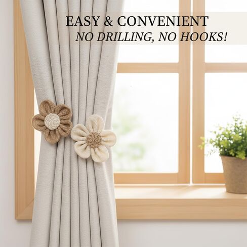 4 Pack Flower Curtain Tiebacks, Boho Decorative Curtain Ties, Elegant Burlap Holdbacks for Bedroom, Nursery, Farmhouse Decor,Tie Backs for Bedroom Decor in Saudi Arabia