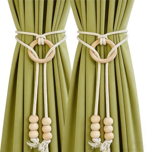 4-Pack Wooden Bead & Cotton Rope Curtain Tiebacks, Boho Curtain Clasp Holdbacks for Drapes, No-Hole Punching Decorative Window Treatment (Beige) in Saudi Arabia