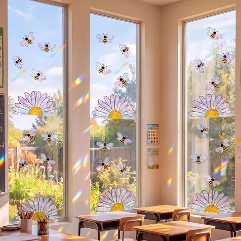 6 Pack 30 Sheets Sunflower Window Clings Summer Bee Sunflower Window Stickers Reusable Double-Side Static Vinyl Shiny Rainbow Prism Windows Clings for Mirror Glass Display School Classroom in Saudi Arabia