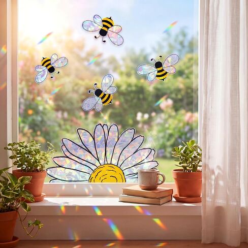6 Pack 30 Sheets Sunflower Window Clings Summer Bee Sunflower Window Stickers Reusable Double-Side Static Vinyl Shiny Rainbow Prism Windows Clings for Mirror Glass Display School Classroom in Saudi Arabia