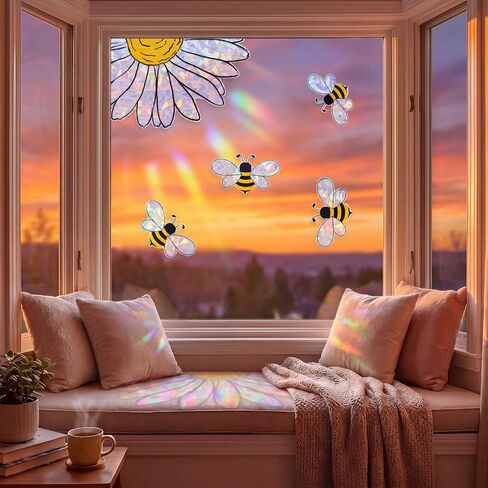 6 Pack 30 Sheets Sunflower Window Clings Summer Bee Sunflower Window Stickers Reusable Double-Side Static Vinyl Shiny Rainbow Prism Windows Clings for Mirror Glass Display School Classroom in Saudi Arabia