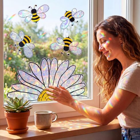 6 Pack 30 Sheets Sunflower Window Clings Summer Bee Sunflower Window Stickers Reusable Double-Side Static Vinyl Shiny Rainbow Prism Windows Clings for Mirror Glass Display School Classroom in Saudi Arabia