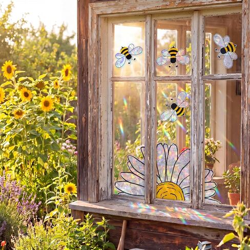 6 Pack 30 Sheets Sunflower Window Clings Summer Bee Sunflower Window Stickers Reusable Double-Side Static Vinyl Shiny Rainbow Prism Windows Clings for Mirror Glass Display School Classroom in Saudi Arabia