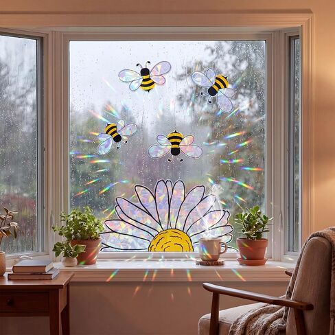 6 Pack 30 Sheets Sunflower Window Clings Summer Bee Sunflower Window Stickers Reusable Double-Side Static Vinyl Shiny Rainbow Prism Windows Clings for Mirror Glass Display School Classroom in Saudi Arabia