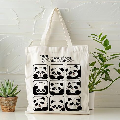 Cute Panda Canvas Tote Bag, Cartoon Panda Illustration Canvas Handbag, Cute Animal Themed Handbag, Reusable Shopping Grocery Bag, Gift For Pandas Lover in Kuwait