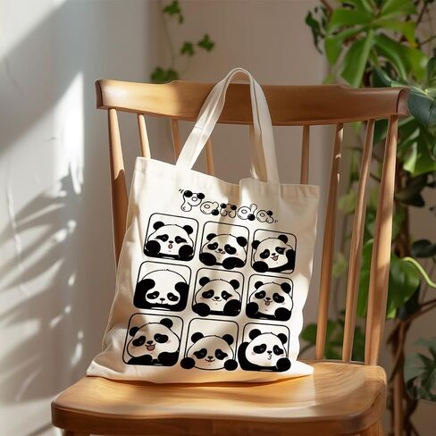 Cute Panda Canvas Tote Bag, Cartoon Panda Illustration Canvas Handbag, Cute Animal Themed Handbag, Reusable Shopping Grocery Bag, Gift For Pandas Lover in Kuwait