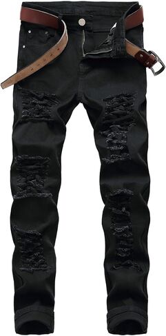 Men's Skinny Slim Fit Stretch Ripped Distressed Destroyed Jeans Denim Pants in Saudi Arabia
