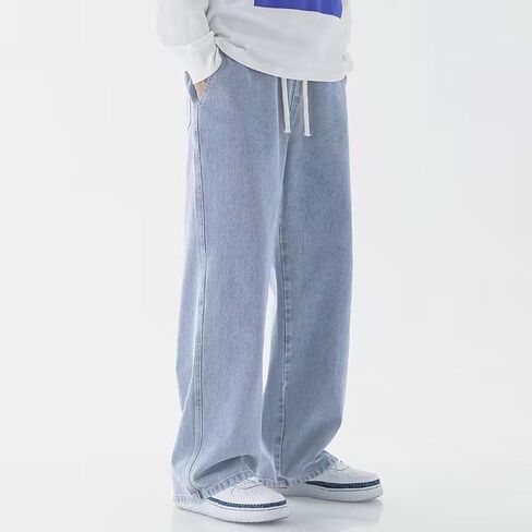Men's Relaxed Fit Straight Leg Jeans Drawstring Waist Stretchy Denim Trousers Casual Daily Wear Breathable Pants in Kuwait