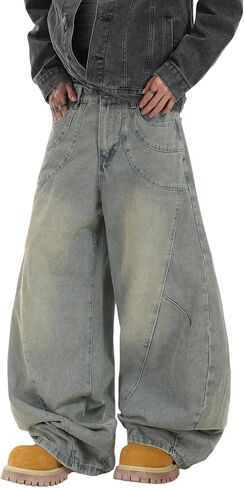 DFGIGT Men's Baggy Hip Hop Wide Leg Jeans Stylish Denim Pants Casual Loose Long Trousers Streetwear in Saudi Arabia