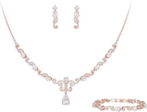 Crysdue Wedding Jewelry Set for Brides Bridesmaid, Cubic Zirconia Teardrop Marquise Leaf Cluster Pendant Necklace Bridal Tennis Bracelet Drop Earrings for Women Party Prom in Kuwait