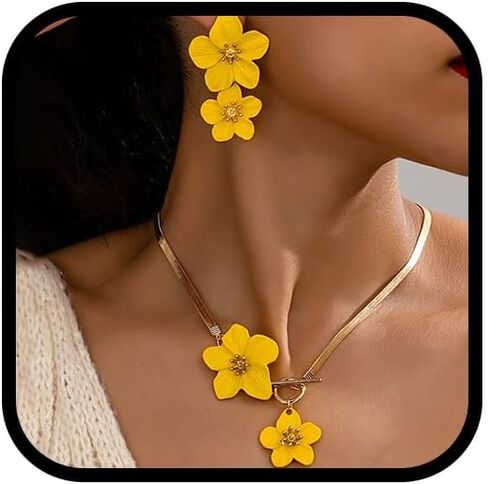 Flower Statement Necklace and Earrings Jewelry Sets for Women Chunky Big Large White Yellow Hibiscus Flowers Floral Earrings and Choker Necklaces Set in Saudi Arabia