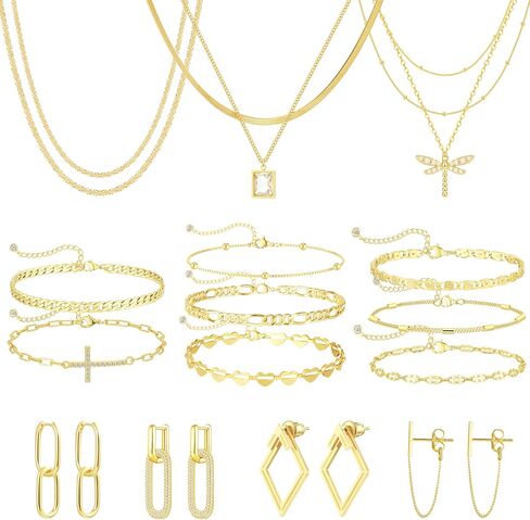BBV 18 Pcs Fashion Jewelry Set for Women Gold/Silver Plated Necklaces Bracelets Hoop Stud Earrings Costume Jewelry Value Pack, Assorted Styles Daily Matching Gift in Saudi Arabia