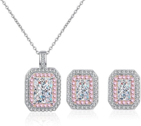 14K Gold 1ct Diamond Pendant Necklace & Earrings Set, Radiant Cut Design Two-Piece Jewelry Set, Ideal for Women's Anniversary in Kuwait