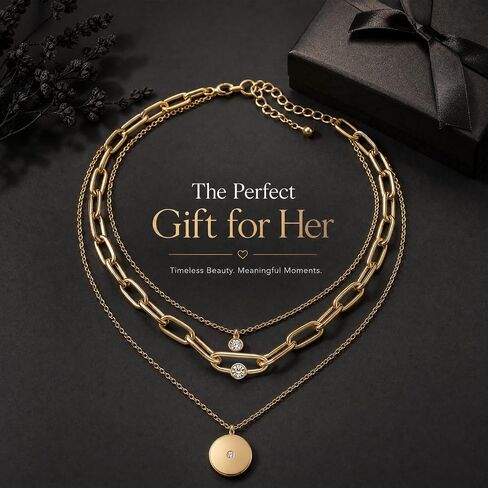 Gold Layered Necklaces for Women, 3PCS Mixed Metal Necklace Stack with Coin Pendant, Chunky Paperclip Chain, Stacked Layering Necklace Set, Trendy Statement Jewelry Gift for Her in Saudi Arabia