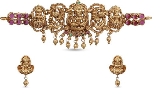 TARINIKA Divyanka Antique Gold Plated Choker Set with Lakshmi Motif – Traditional Indian Jewelry with Red and Green Stones for Women | Includes Choker Necklace and Earrings in Kuwait