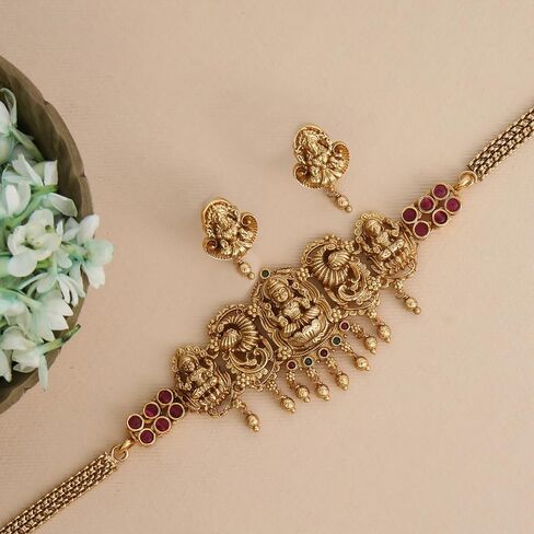 TARINIKA Divyanka Antique Gold Plated Choker Set with Lakshmi Motif – Traditional Indian Jewelry with Red and Green Stones for Women | Includes Choker Necklace and Earrings in Kuwait