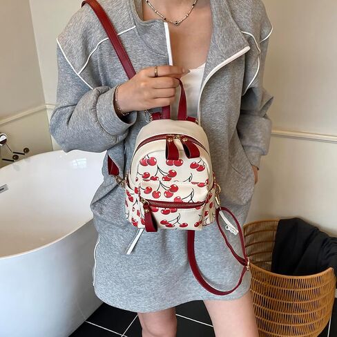 Mini Court Backpack With Cherry Print,Stylish Daypack Purse Handbag for women Small Casual Daily Travel Bag (Red Cherry) in Saudi Arabia