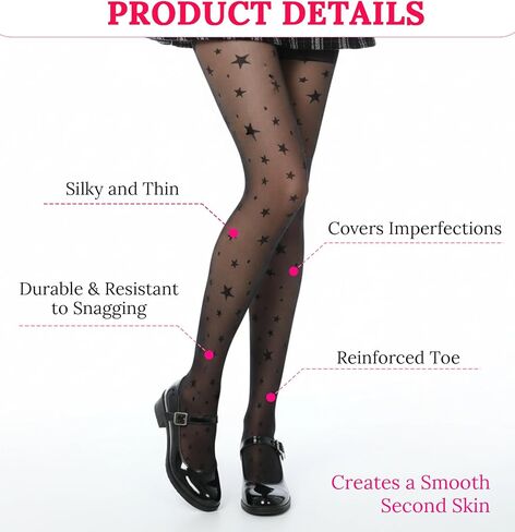 Black Pattern Tights, Star Tights For Women Funky Durable & Resistant to Snagging Patterned Pantyhose, Sheer Tight Patterned Tight for Parties & Casual Wear in Kuwait