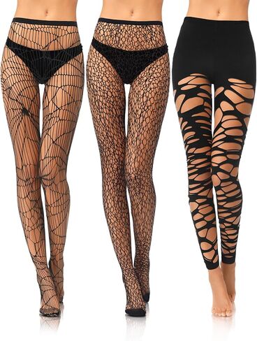 Fourluoo 3 Pairs Fishnet Stockings for Women Black Lace Patterned Tights High Waist Stockings Hole Pantyhose in Kuwait